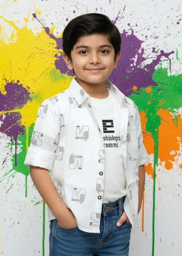 White_Cotton_Blend_Boy'S_Printed_Shirt_With_T-Shirt