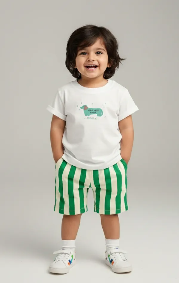 Rhinito_Single_Jersey_Knit_Half_Sleeves_T-Shirt_with_Animal_Text_Print_&_Shorts_Set__-_White_&_Green_colour