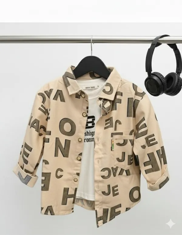 Cream_Cotton_Blend_Boy'S_Printed_Shirt_With_T-Shirt