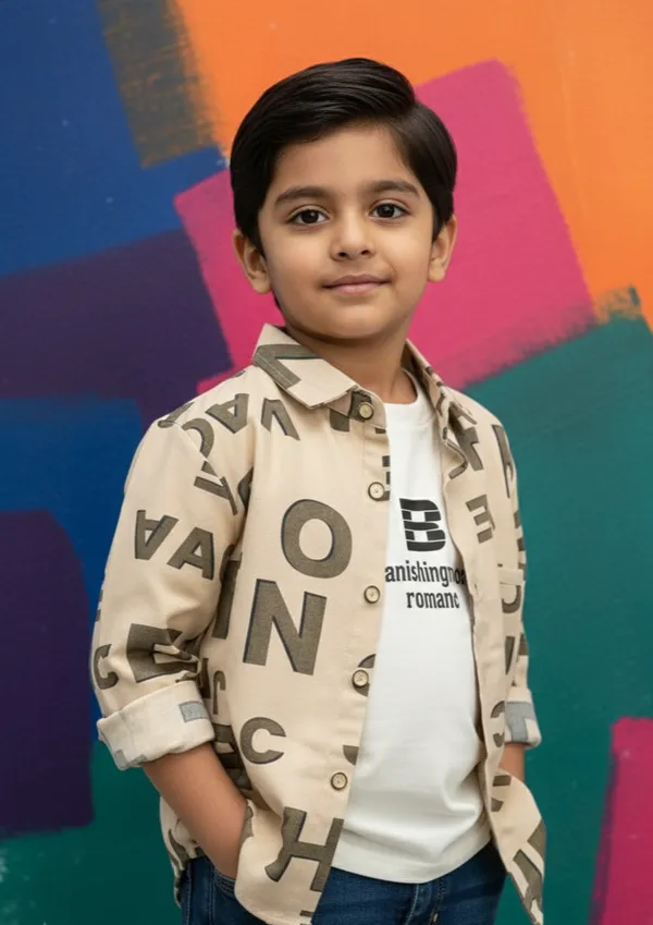 Cream_Cotton_Blend_Boy'S_Printed_Shirt_With_T-Shirt