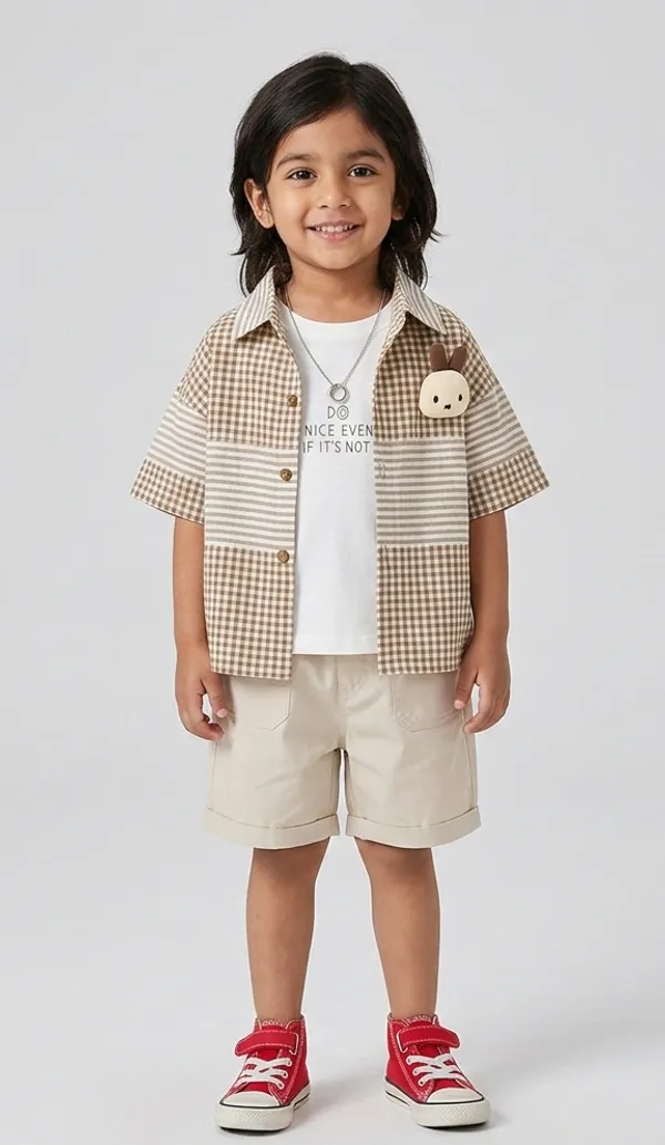 Brown_Cotton_Checks_Tshit,_Printed_Shirt_And_Shorts