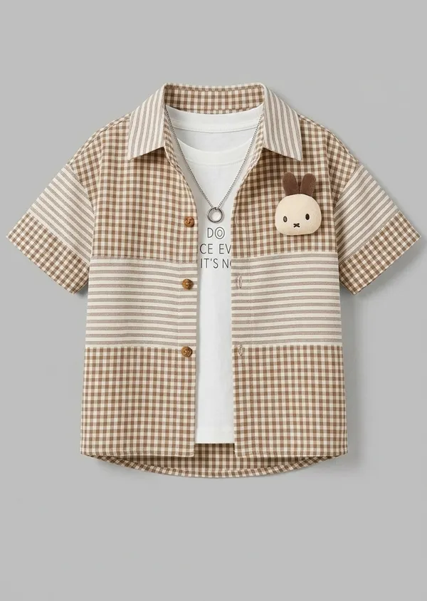 Brown_Cotton_Checks_Tshit,_Printed_Shirt_And_Shorts