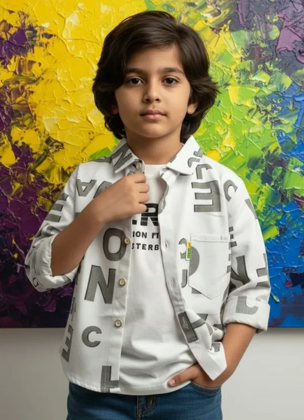 White_Cotton_Blend_Boy'S_Printed_Shirt_With_T-Shirt