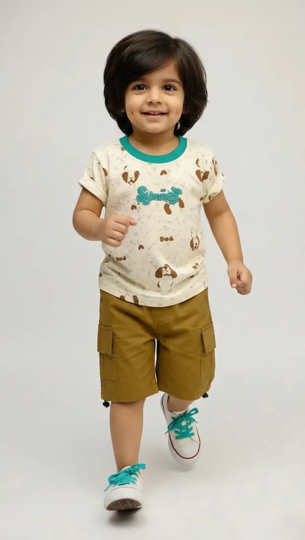 Little_Summer_Fun_Set-_Hald_Sleeves_T-Shirt_with_Summer,Dog_Faces_Printed_&_Short_Set_Multi_colour