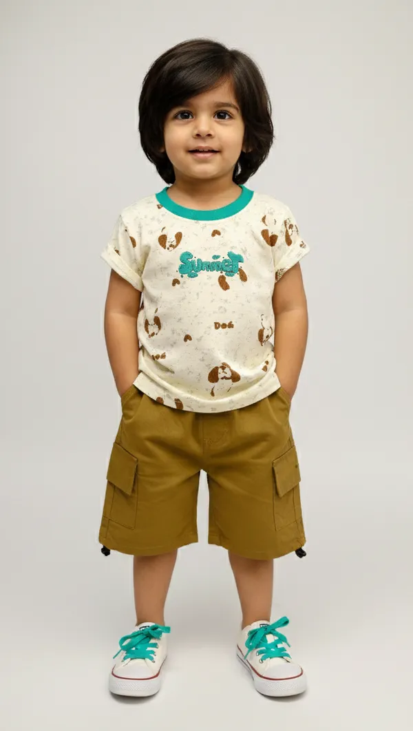Little_Summer_Fun_Set-_Hald_Sleeves_T-Shirt_with_Summer,Dog_Faces_Printed_&_Short_Set_Multi_colour