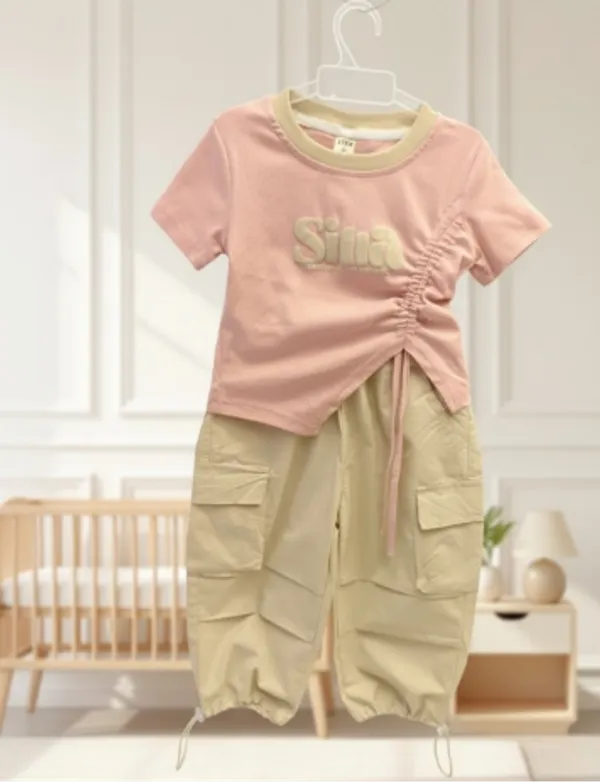 Pink_Cotton_Blend_Short-Sleeve_T-Shirt_And_Cargo_Pant