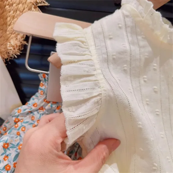 White_Cotton_Blend_Girl'S_Top_And_Shorts_Set