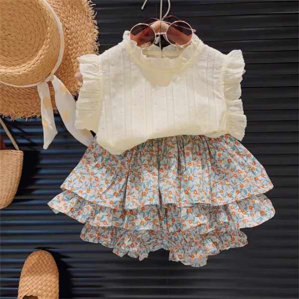 White_Cotton_Blend_Girl'S_Top_And_Shorts_Set