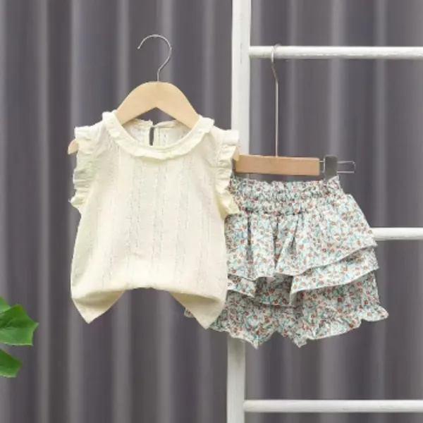 White_Cotton_Blend_Girl'S_Top_And_Shorts_Set