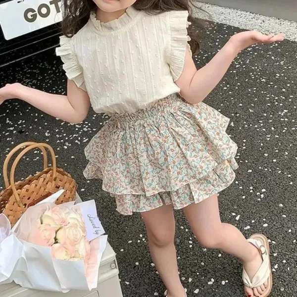 White_Cotton_Blend_Girl'S_Top_And_Shorts_Set