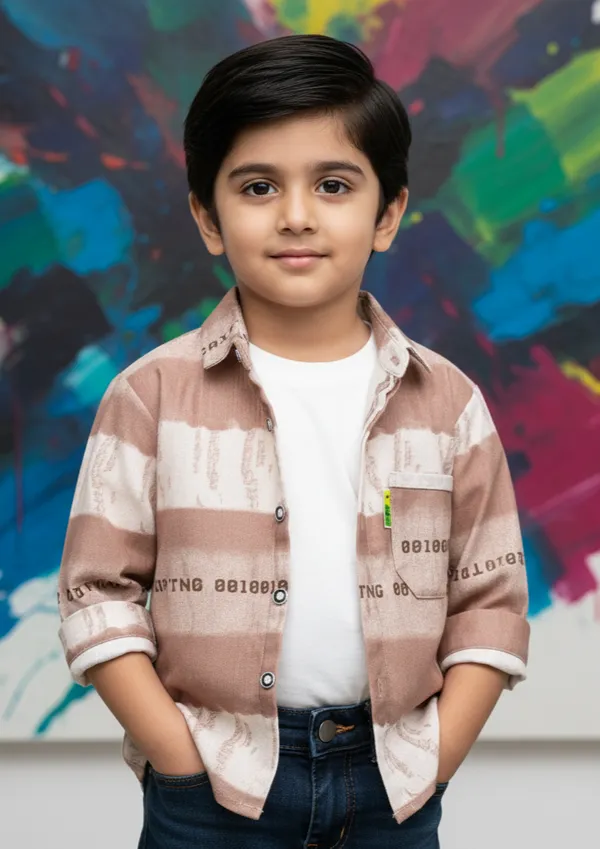 Brown_Cotton_Blend_Boy'S_Printed_Shirt_With_T-Shirt