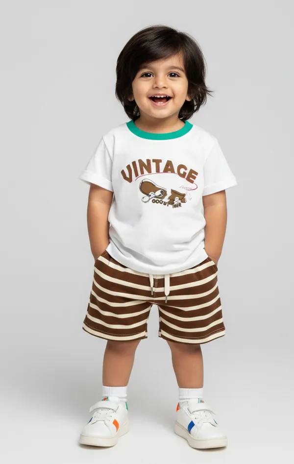 Splash_Single_Jersey_Knit_Half_Sleeves__Shirt_&_Striped_Shorts_Set_-_White_&_Brown