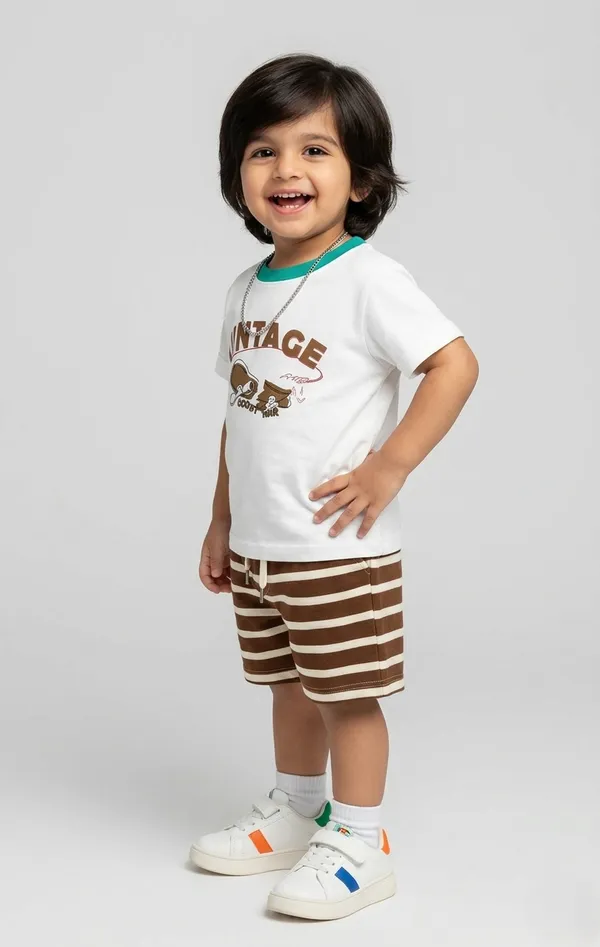 Splash_Single_Jersey_Knit_Half_Sleeves__Shirt_&_Striped_Shorts_Set_-_White_&_Brown