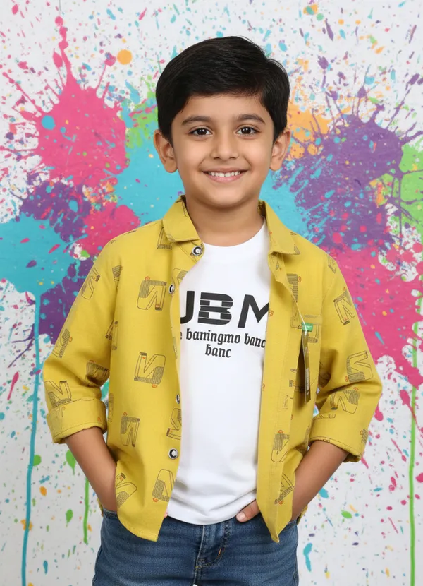 Yellow_Cotton_Blend_Boy'S_Printed_Shirt_With_T-Shirt