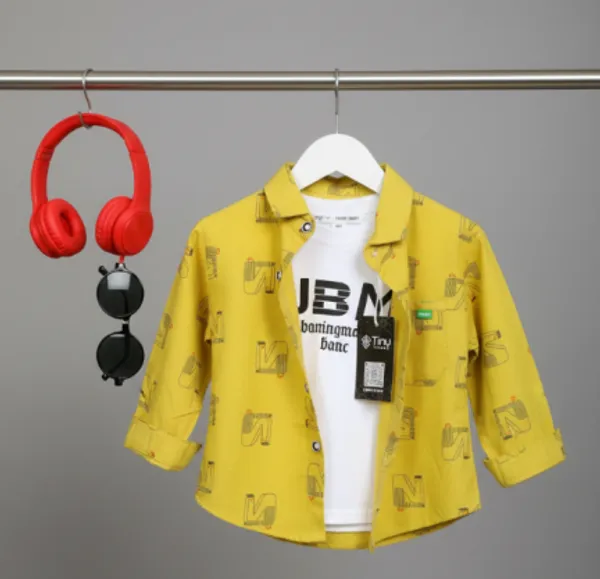 Yellow_Cotton_Blend_Boy'S_Printed_Shirt_With_T-Shirt