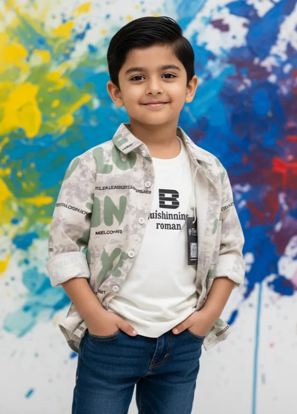 Green_Cotton_Blend_Boy'S_Printed_Shirt_With_T-Shirt