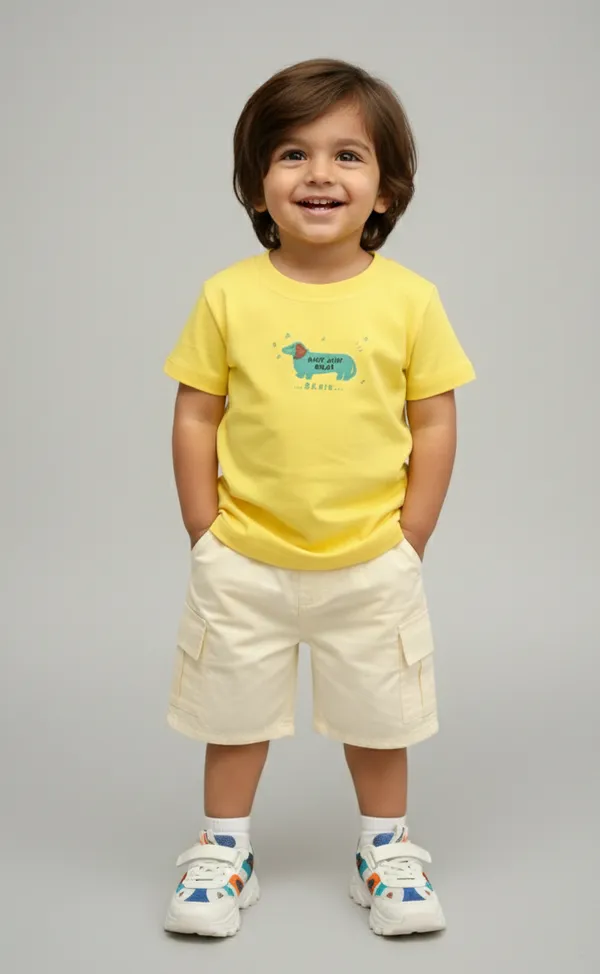 Rhinito_Single_Jersey_Knit_Half_Sleeves_T-Shirt_with_Animal_Text_Print_&_Shorts_Set_-_Yellow_&_Cream_colour