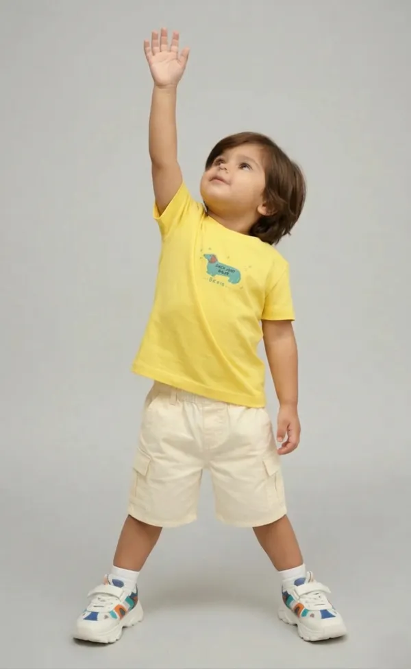 Rhinito_Single_Jersey_Knit_Half_Sleeves_T-Shirt_with_Animal_Text_Print_&_Shorts_Set_-_Yellow_&_Cream_colour