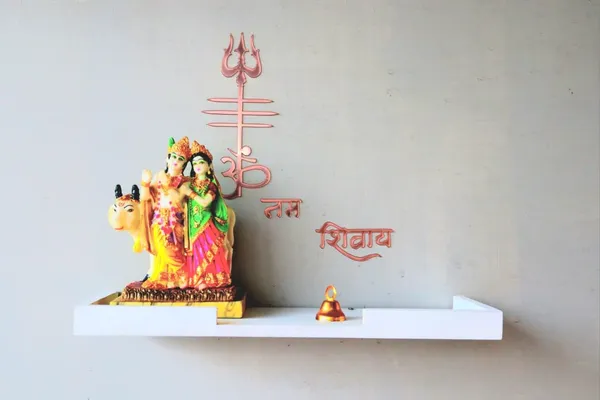 White_With_Trident_Sticker_Wood_Modern_Wall_Temple_For_Home._{_2_Bell_Trident_Temple_White_}