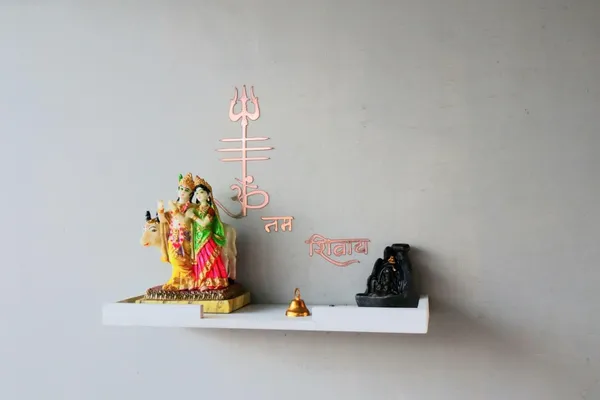 White_With_Trident_Sticker_Wood_Modern_Wall_Temple_For_Home._{_2_Bell_Trident_Temple_White_}