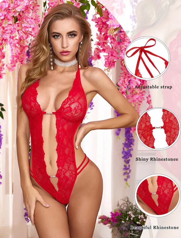Women_1_Piece_Lingerie_Sexy_Lace_Bodysuit_Deep_V_Teddy_Babydolls�