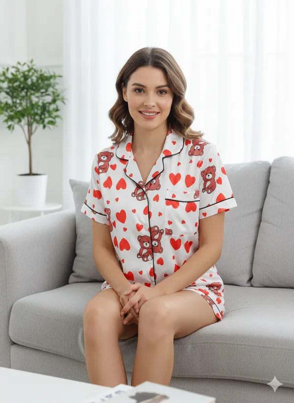 Women's_Super_Soft_Silk_Pajama_Set,_Short_Sleeve_Button-Down_Sleepwear_with_Hearts_and_Bears_Print,_2_Piece_Summer_Nightwear,_Breathable_Casual_Shorts_Set