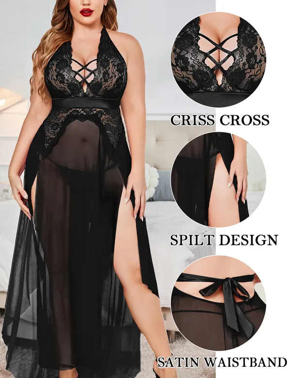 Plus_Size_Lingerie_For_Women_Babydoll_Sexy_Mesh_Maxi_Nightdress_Exotic_Sleepwear_Side_Slits