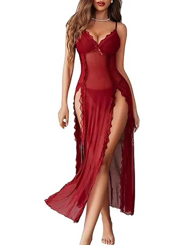 Women_Lingerie_Lace_Babydoll_Chemise_Sexy_Mesh_Nightdress_V_Neck_Nightwear_Side_Split_Nightgown