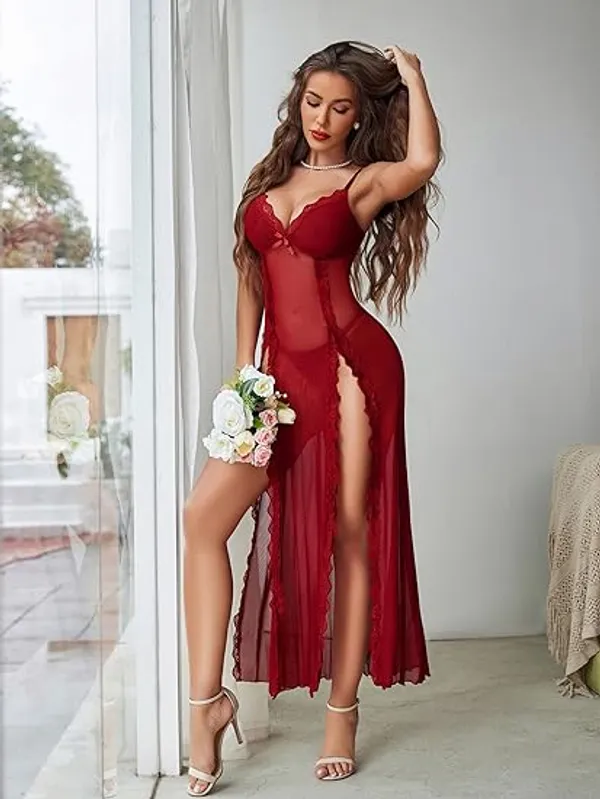 Women_Lingerie_Lace_Babydoll_Chemise_Sexy_Mesh_Nightdress_V_Neck_Nightwear_Side_Split_Nightgown