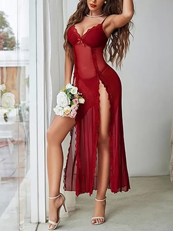 Women_Lingerie_Lace_Babydoll_Chemise_Sexy_Mesh_Nightdress_V_Neck_Nightwear_Side_Split_Nightgown