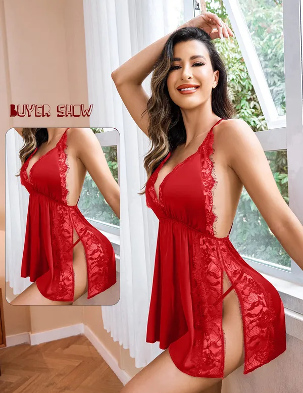 Women_Lingerie_Front_Closure_Babydoll_Lace_Chemise_V_Neck_Ruffle_Nightgown_Sexy_Sleepwear
