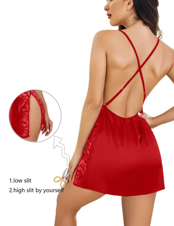 Women_Lingerie_Front_Closure_Babydoll_Lace_Chemise_V_Neck_Ruffle_Nightgown_Sexy_Sleepwear