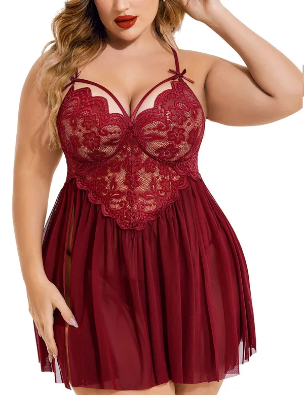Lingerie_Lace_Babydoll_Womens_Strap_Chemise_Nightgown_V_Neck_Nighty_Mesh_Sleepwear_Side_Slit_Nightdress
