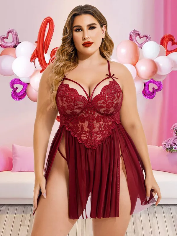 Lingerie_Lace_Babydoll_Womens_Strap_Chemise_Nightgown_V_Neck_Nighty_Mesh_Sleepwear_Side_Slit_Nightdress