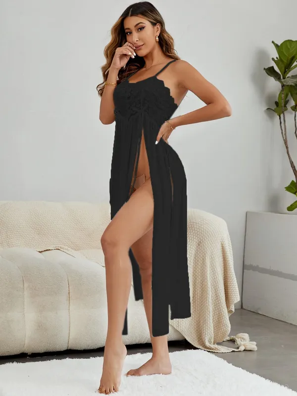 Women_Lingerie_Nightwear_Lace_Babydoll_V_Neck_Trim_Mesh_Split_Thigh_Sexy_Long_Gown_Sheer_Dress