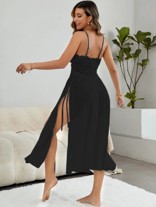 Women_Lingerie_Nightwear_Lace_Babydoll_V_Neck_Trim_Mesh_Split_Thigh_Sexy_Long_Gown_Sheer_Dress