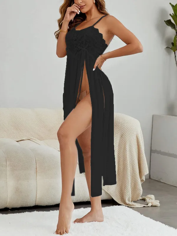 Women_Lingerie_Nightwear_Lace_Babydoll_V_Neck_Trim_Mesh_Split_Thigh_Sexy_Long_Gown_Sheer_Dress