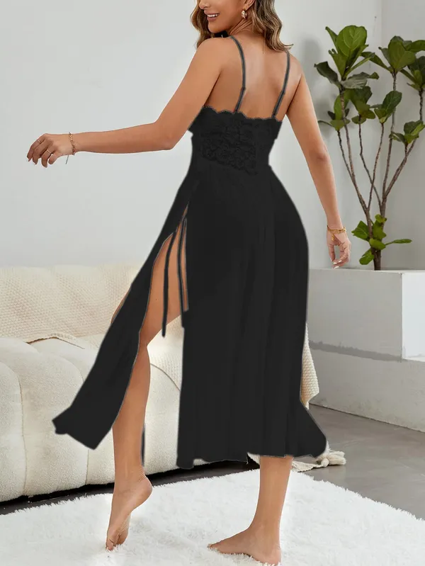 Women_Lingerie_Nightwear_Lace_Babydoll_V_Neck_Trim_Mesh_Split_Thigh_Sexy_Long_Gown_Sheer_Dress