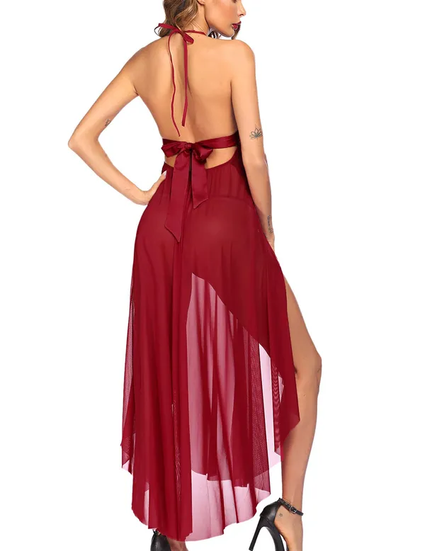 Lace_Babydoll_Lingerie_for_Women_Long_Sheer_Dress_Open_Front_Sleepwear_|_Halter_Neck_High_Split_Maxi_Long_Gown_Nightwear_for_Wife,_Women_Wedding_Valentine