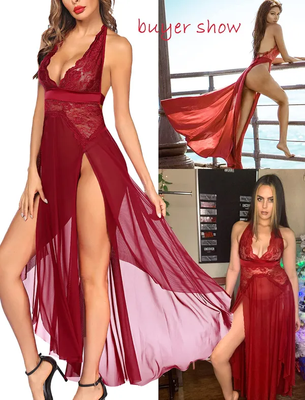 Lace_Babydoll_Lingerie_for_Women_Long_Sheer_Dress_Open_Front_Sleepwear_|_Halter_Neck_High_Split_Maxi_Long_Gown_Nightwear_for_Wife,_Women_Wedding_Valentine