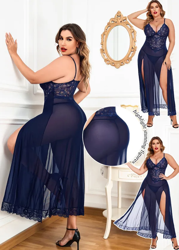 Tryforus_Plus_Size_Lingerie_for_Women_Sexy_Lace_Babydoll_Long_Lingerie_Dress_Side_Split_Nightgown