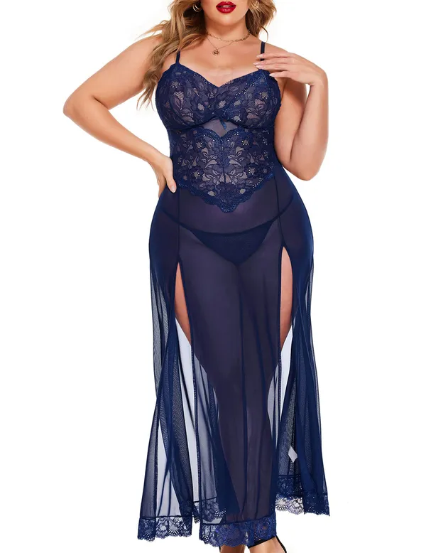 Tryforus_Plus_Size_Lingerie_for_Women_Sexy_Lace_Babydoll_Long_Lingerie_Dress_Side_Split_Nightgown