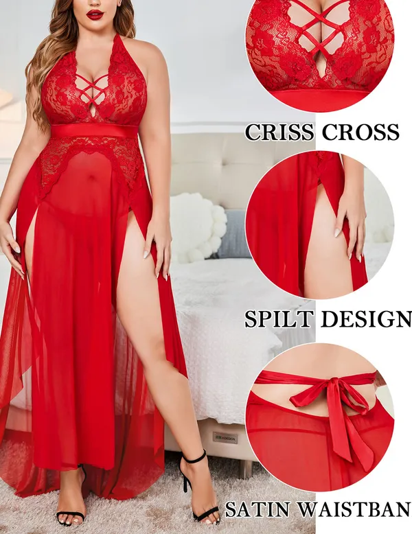 Plus_Size_Lingerie_For_Women_Babydoll_Sexy_Mesh_Maxi_Nightdress_Exotic_Sleepwear_Side_Slits