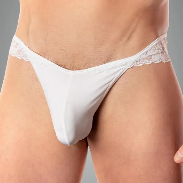White_Microfiber_+_Lace_Fabric_Bikini_Lingerie_For_Men