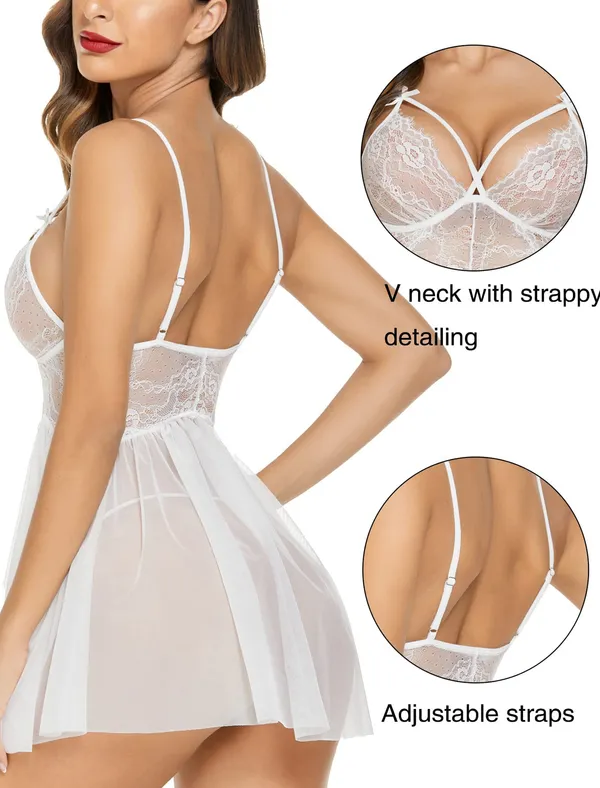 Women_Sexy_Lingerie_Lace_Babydoll_Mesh_V_Neck_Sleepwear_See_Through_Strap_Two_Piece_Chemise