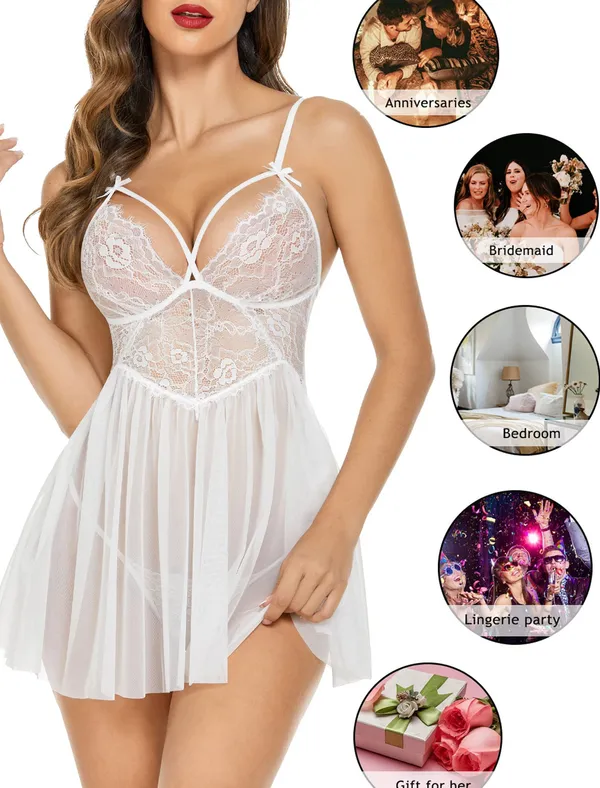 Women_Sexy_Lingerie_Lace_Babydoll_Mesh_V_Neck_Sleepwear_See_Through_Strap_Two_Piece_Chemise