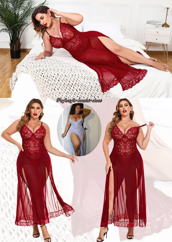Tryforus_Plus_Size_Lingerie_for_Women_Sexy_Lace_Babydoll_Long_Lingerie_Dress_Side_Split_Nightgown