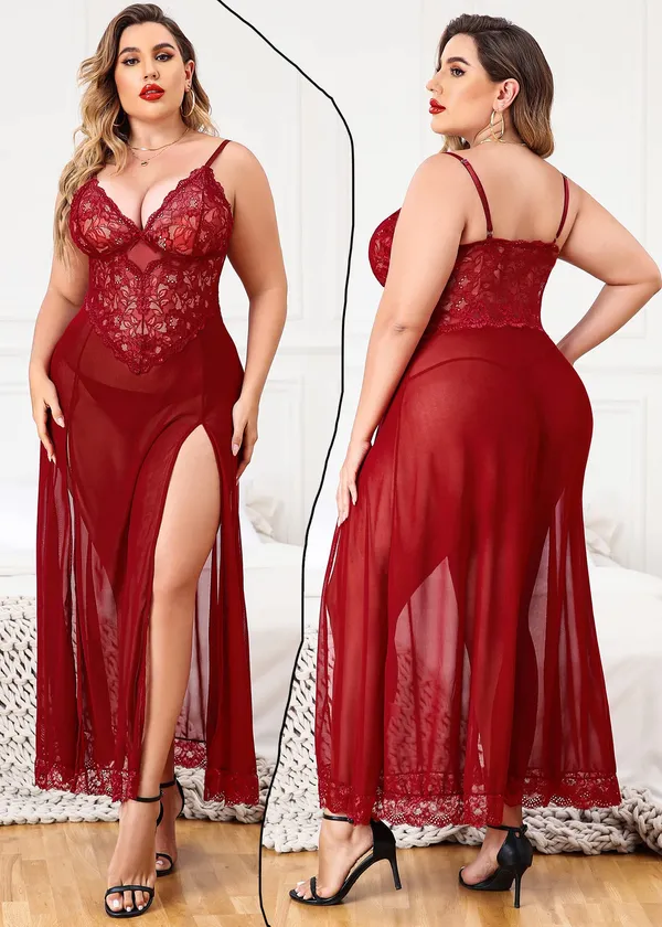 Tryforus_Plus_Size_Lingerie_for_Women_Sexy_Lace_Babydoll_Long_Lingerie_Dress_Side_Split_Nightgown