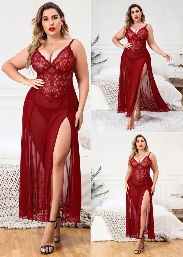 Tryforus_Plus_Size_Lingerie_for_Women_Sexy_Lace_Babydoll_Long_Lingerie_Dress_Side_Split_Nightgown