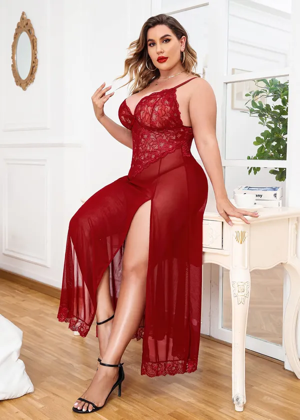 Tryforus_Plus_Size_Lingerie_for_Women_Sexy_Lace_Babydoll_Long_Lingerie_Dress_Side_Split_Nightgown